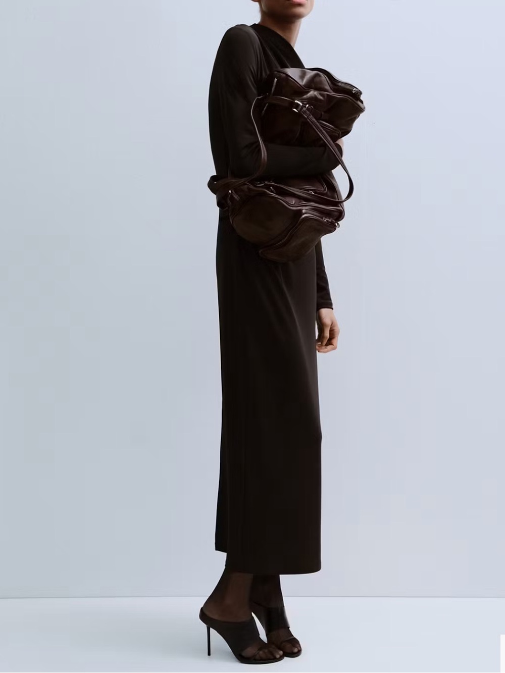 Mango Brown Long Sleeve Maxi Dress BOAT-NECK RUCHED DRESS 3314